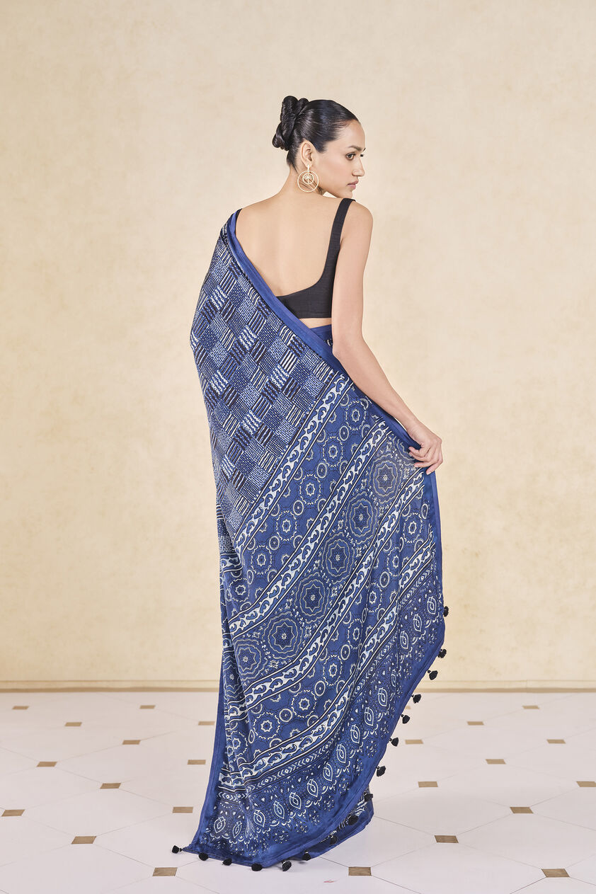 Junco Handcrafted Ajrakh Saree - Blue, Blue, image 2